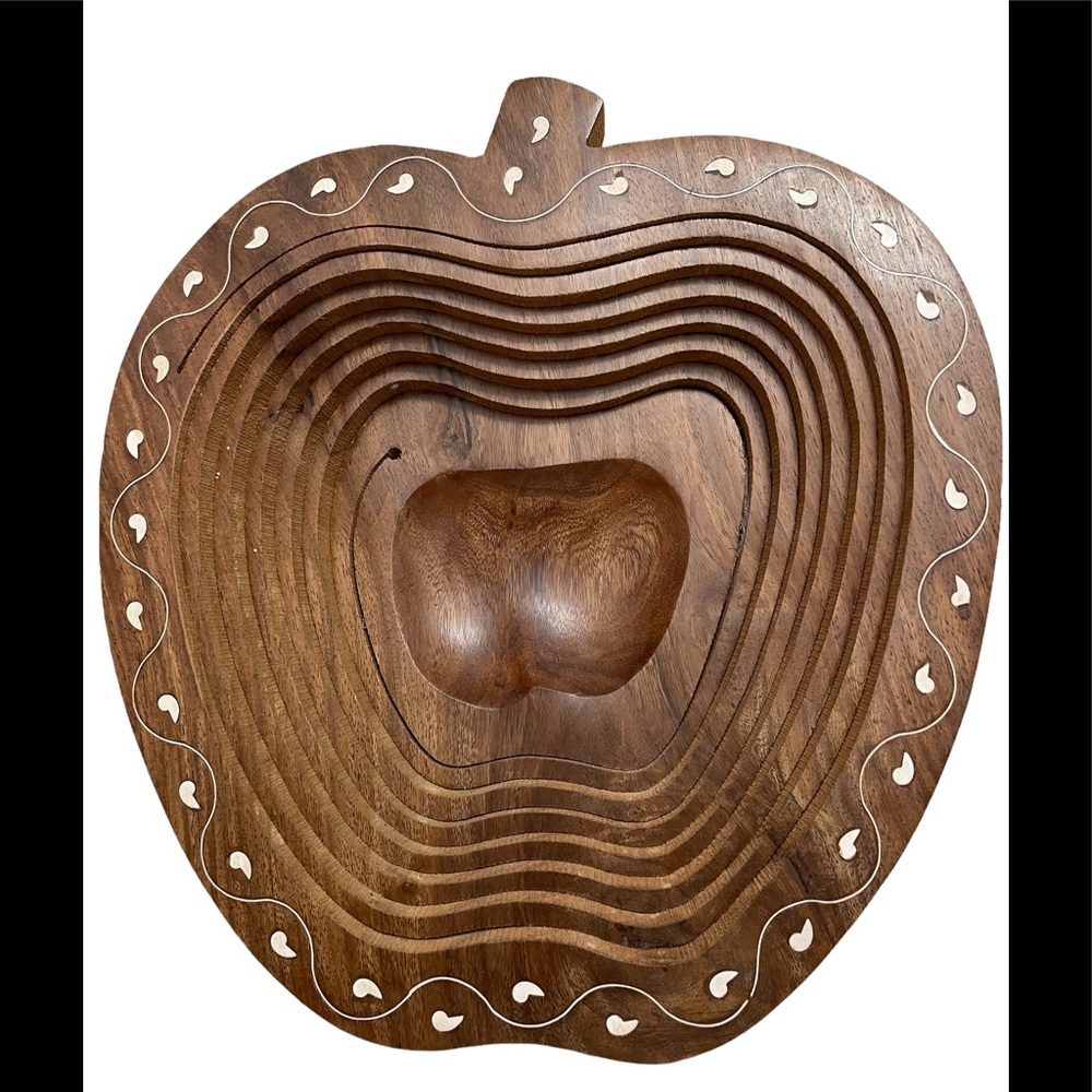 Vintage Apple-Shaped Carved Wooden Bowl
